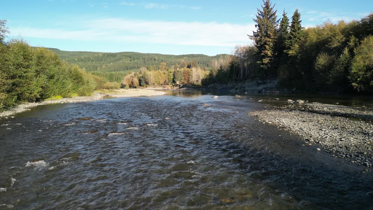 Drone shot of a shallow river flowing through a forested valley under a blue sky in the wilderness