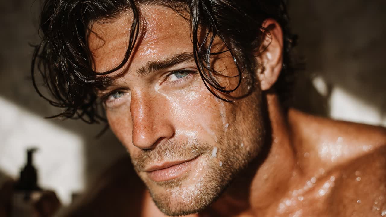 A Captivating Close-Up of a Man's Glowing Skin Captured in Natural Light, Highlighting the Charisma and Attractiveness of His Features with Water Droplets