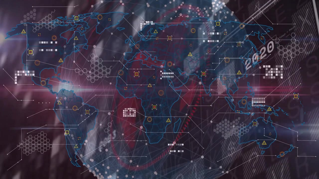 Displaying neon blue world map overlay floating over red purple gradient, highlighting hex grids