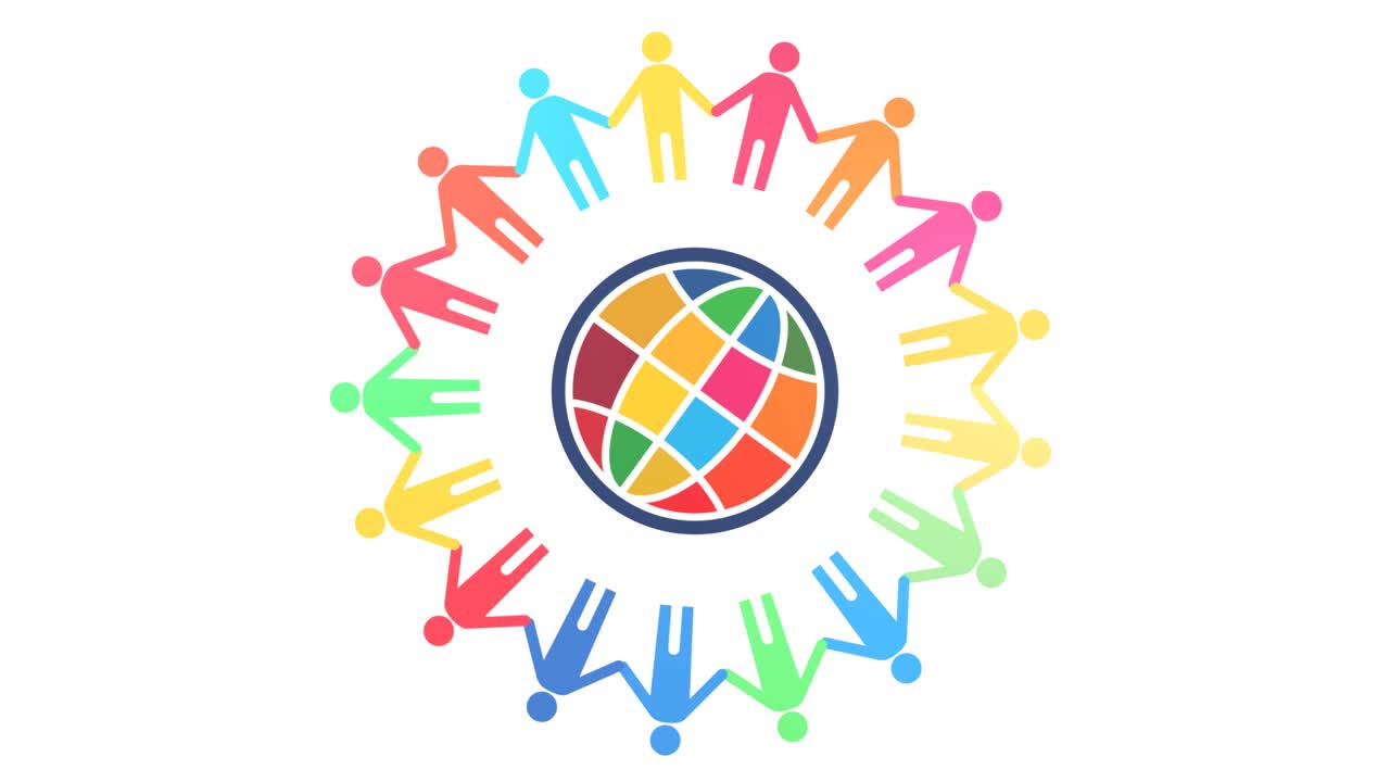 sdgs에 의해 지정된 17개의 색을 사용하여 사람과 행성 로고의 루프 애니메이션 (백색 배경)