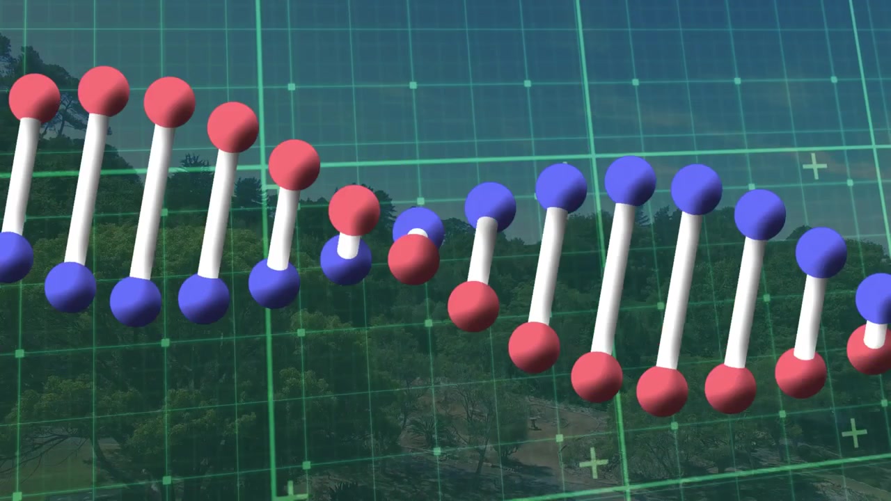 Animación 3D de una hélice de ADN giratoria sobre un fondo paisajístico.