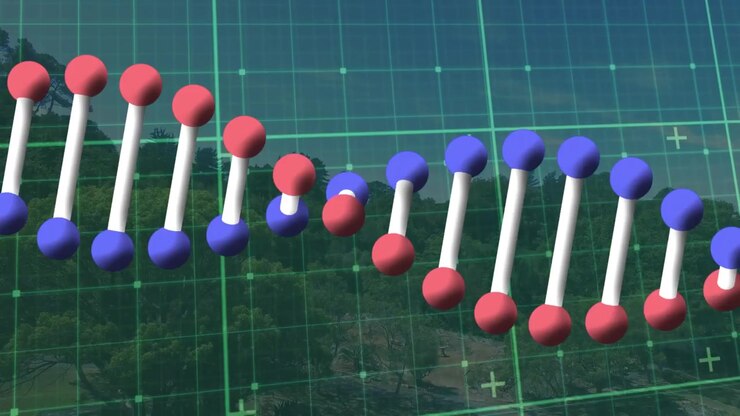 Animazione 3D di una doppia elica di DNA in rotazione su uno sfondo paesaggistico.