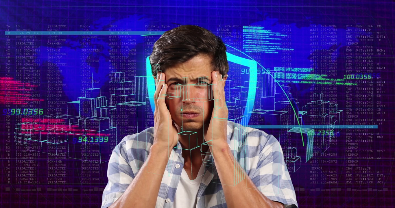 Animation of digital city and data processing over caucasian man thinking
