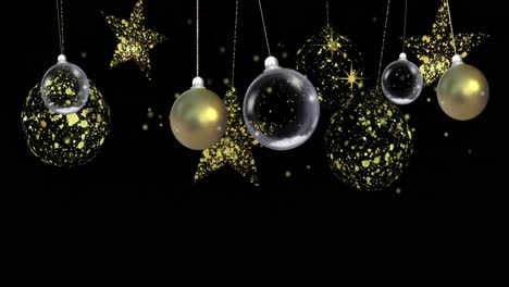 animation of christmas baubles dangling over gold stars on black background