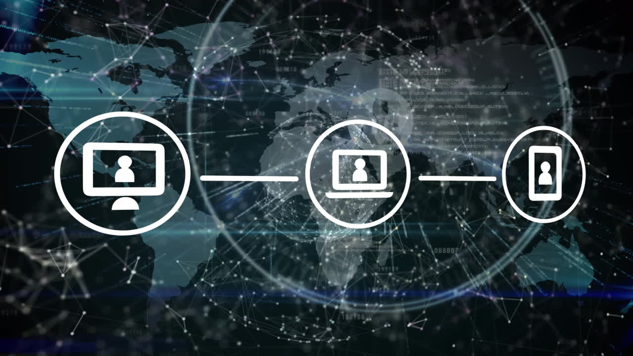 검은색 배경 위에 아이콘과 글로브로 연결된 네트워크의 애니메이션