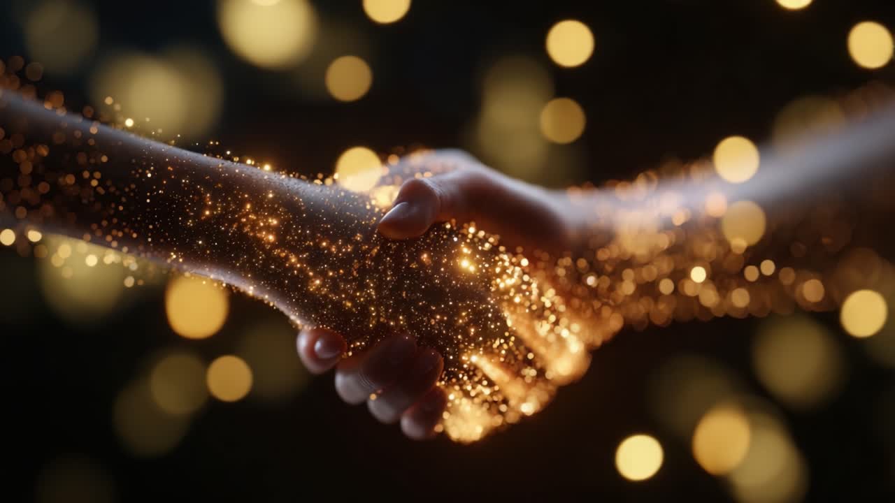 Un momento coinvolgente di connessione, raffigurato da una stretta di mano, illuminata da una magica esplosione di luce scintillante ed energia che turbina intorno alle mani.