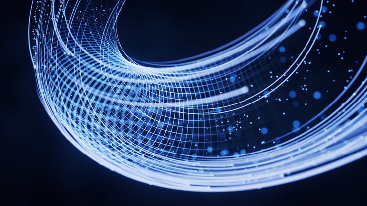 Linee digitali fluide con sfondo di cyberspazio, rendering 3D