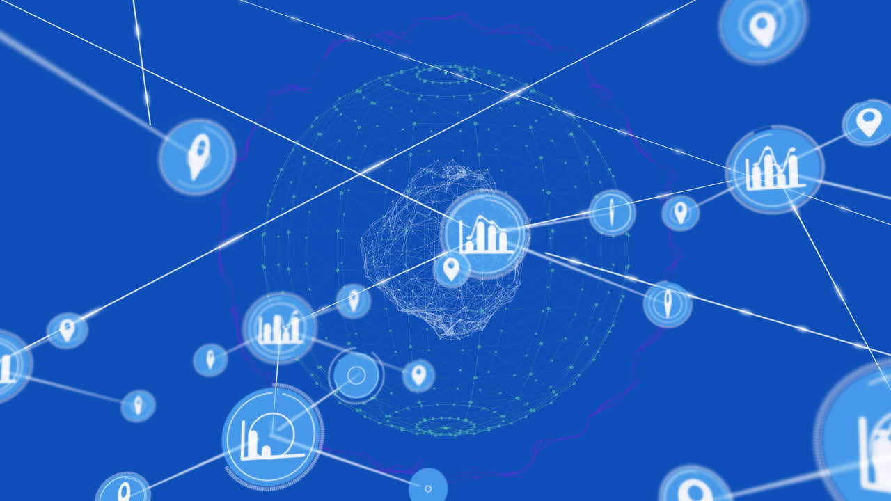 Animation of network of connections with icons over globe