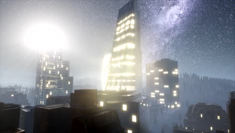 rascacielos de la ciudad por la noche con estrellas de la vía láctea