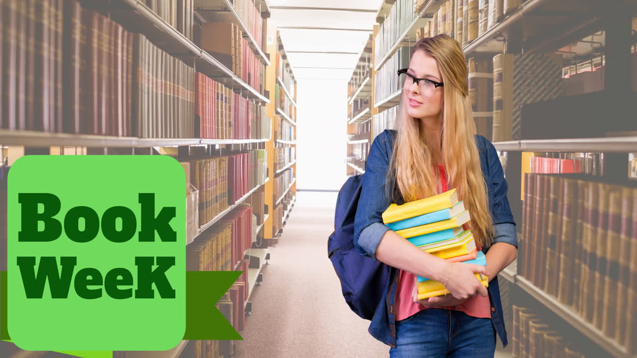 animación del texto de la semana del libro sobre una estudiante caucásica que sostiene libros en la biblioteca