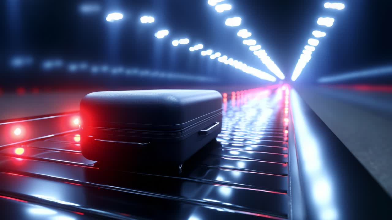 A sleek, dark suitcase lies alone on a shiny conveyor belt in a dimly lit environment, with vivid red lights illuminating the space, creating an atmosphere of mystery and intrigue in a futuristic setting