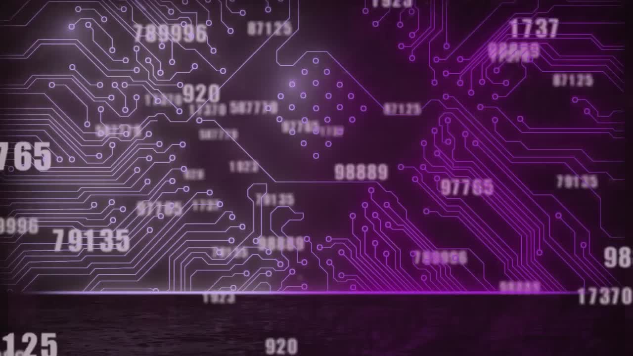 Multiple numbers changing against microprocessor connections on purple background
