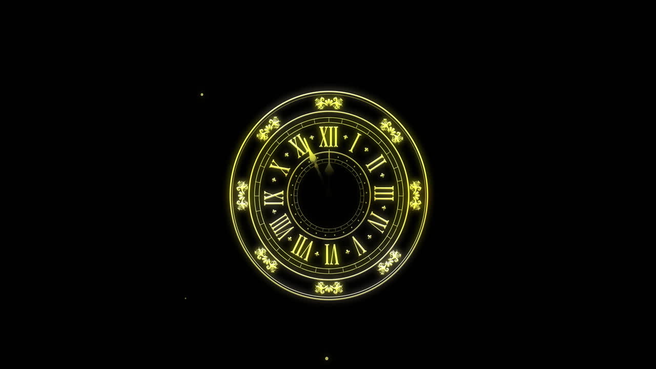 Animation of countdown, clock showing midnight and spots of light on black background
