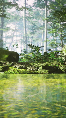 a serene forest scene with a pond and mossy rocks