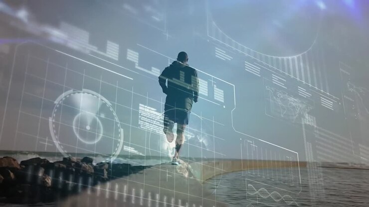 Animation of digital screen and data processing over fit man running by seaside