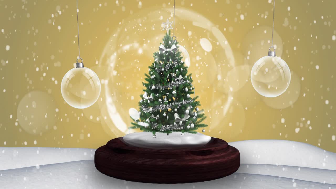 눈이 내리는 크리스마스 트리와  ⁇ 는 별이 있는 눈글로브의 애니메이션
