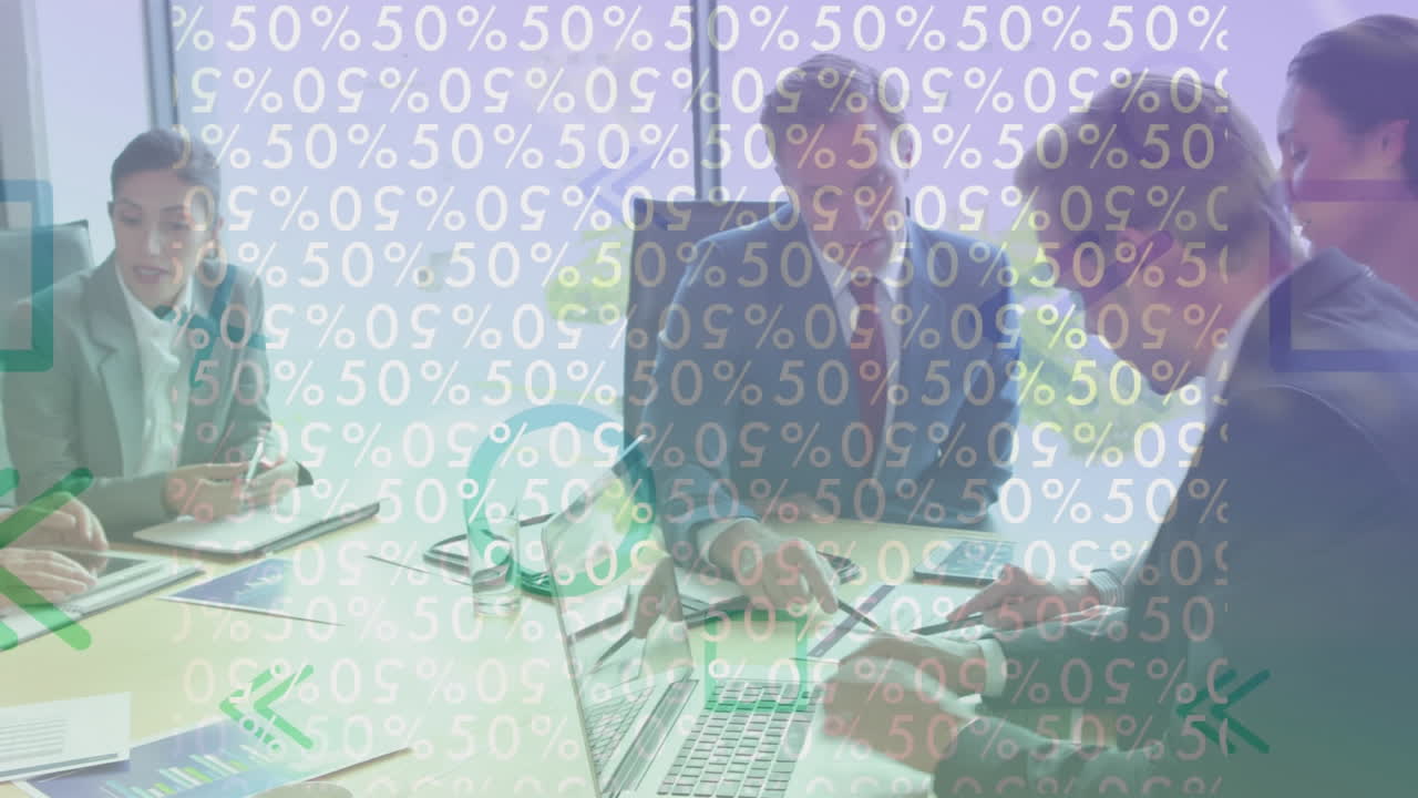 animazione dei numeri e della percentuale di uomini d'affari che parlano in ufficio