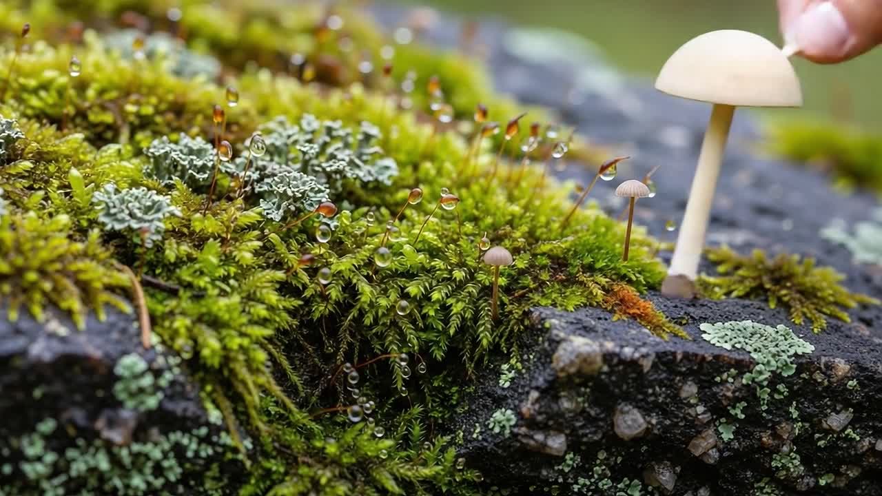 An Exploration of Nature's Miniature World: A Close-Up of Moss and Mushrooms in Droplets on a Rocky Surface