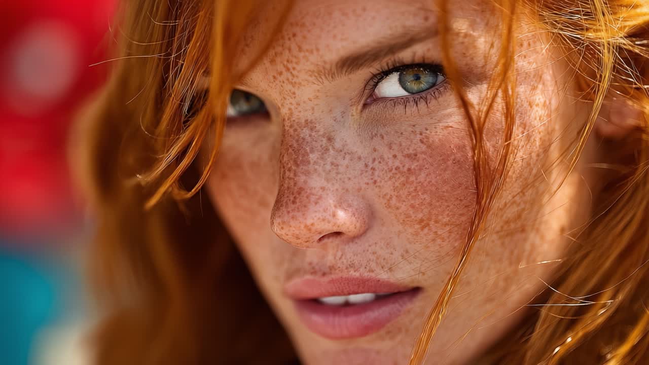 A Captivating Close-up of a Freckled Ginger Beauty Bathed in Natural Light, Radiating Confidence and Charm with Striking Green Eyes