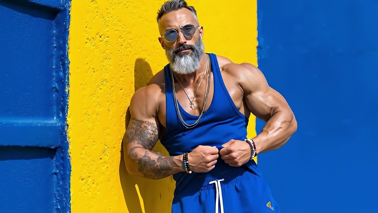 A man with a beard and sunglasses leaning against a blue and yellow wall