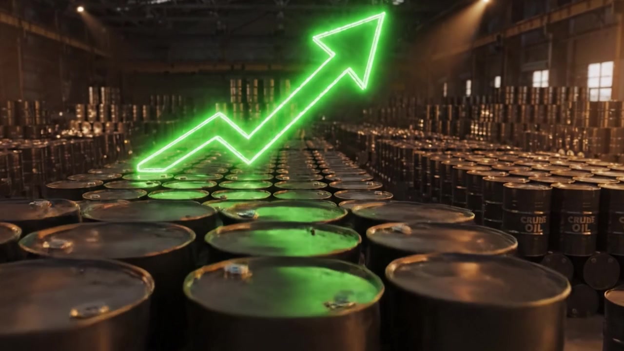 Uma cena industrial retratando barris empilhados de petróleo bruto, iluminados por luz suave, em transição para significar o aumento dos valores de mercado, conforme indicado por uma seta brilhante apontando para cima.