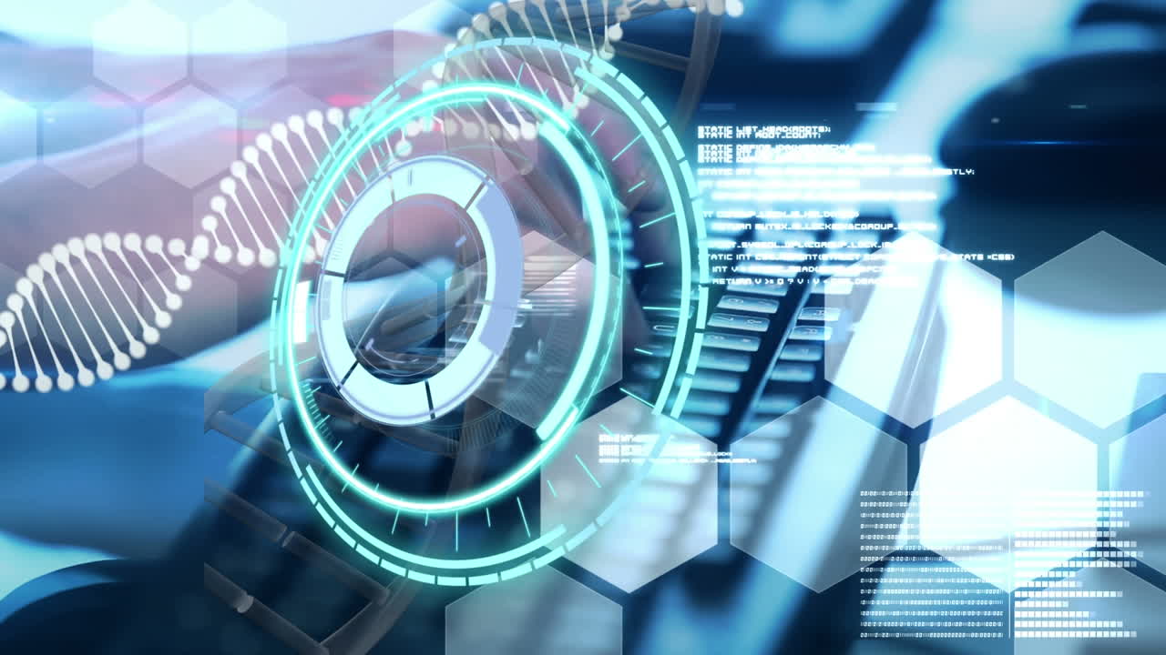 스 스캔의 애니메이션, dna 스트랜드 및 데이터 처리, 카우카시안 여성 타이핑