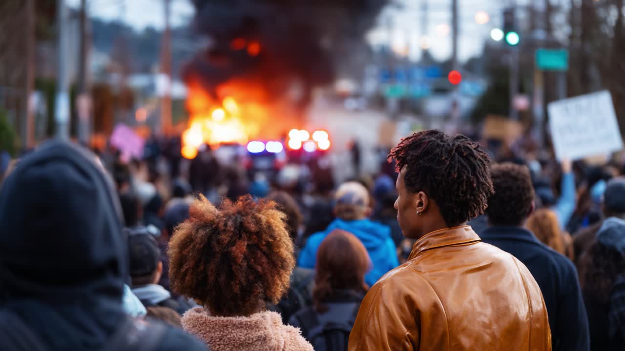 La folla osserva una scena intensa con veicoli in fiamme e fumo durante una protesta, evidenziando momenti di tensione e la risposta del pubblico a questioni di giustizia in corso.