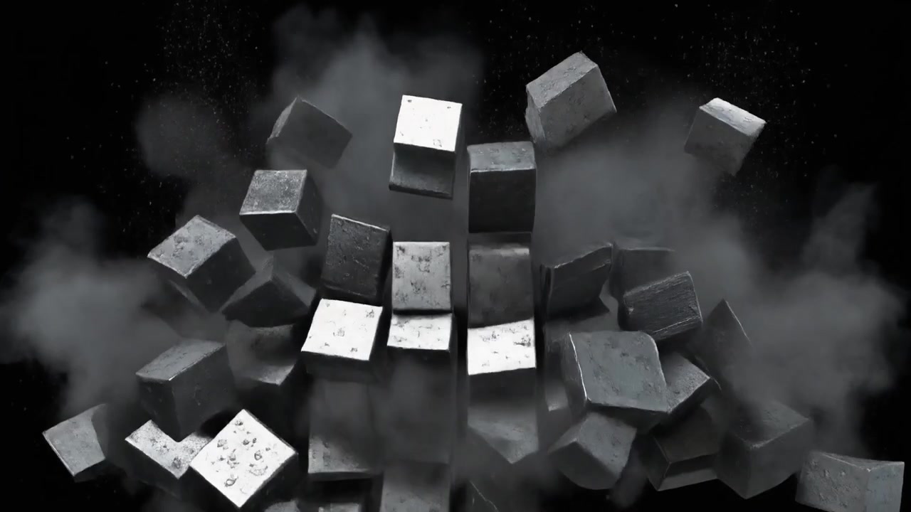 Abstract Animation of Falling Metallic Cubes with Smoke Effect
