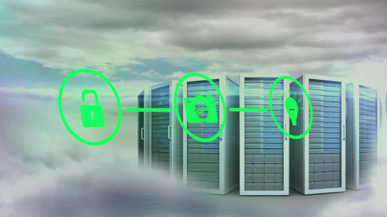 Animation of network of connections with icons over computer servers and clouds