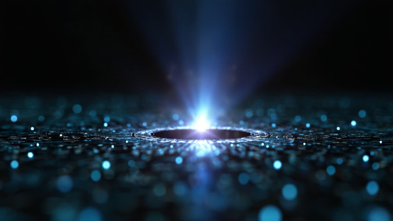 Una luce blu ipnotizzante emerge da un centro oscuro, illuminando un ambiente materico con riflessi vibranti e un'atmosfera eterea di profondità e intrigo
