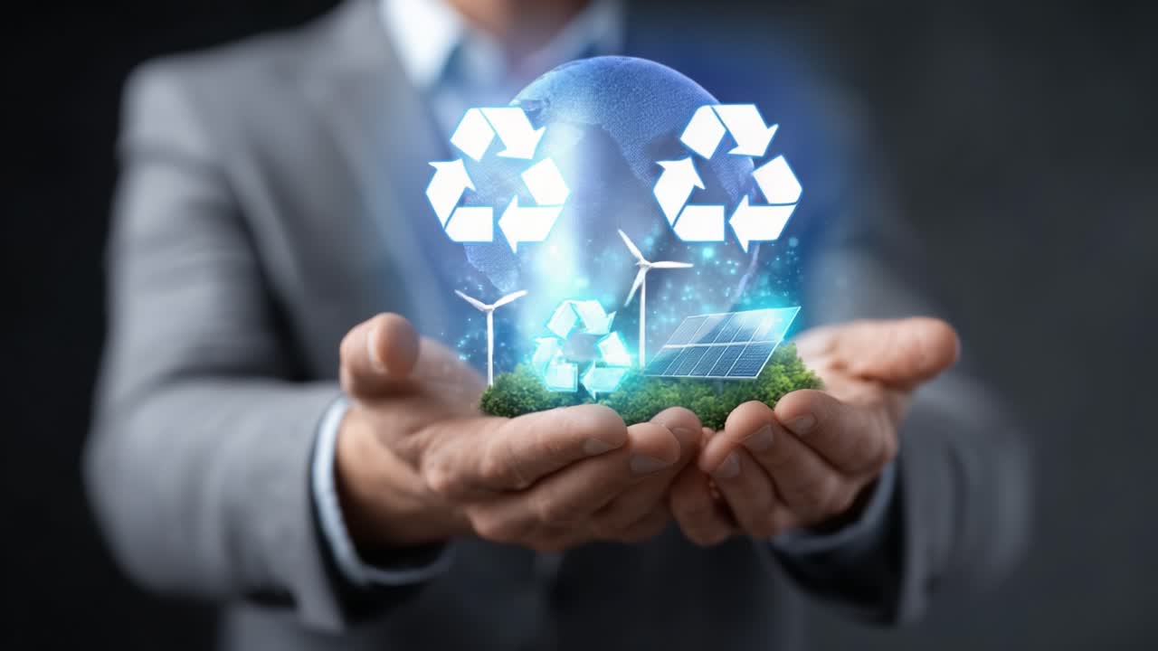 Innovative Sustainability: A Visionary Holding Symbolic Representations of Renewable Energy, Recycling, and Environmental Protection in Their Hands