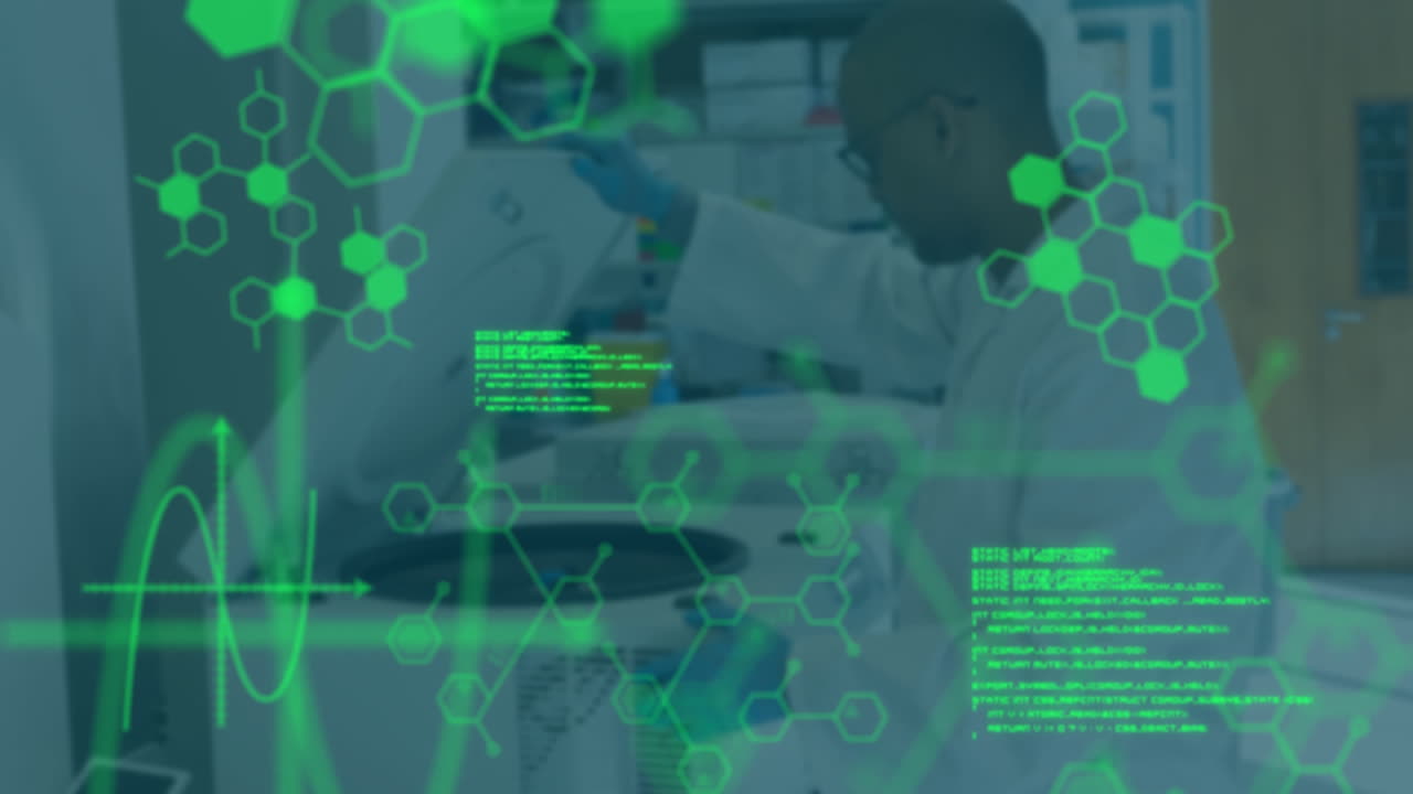 실험실에서 아프리카계 미국인 남성 과학자에 대한 과학 데이터 처리 애니메이션