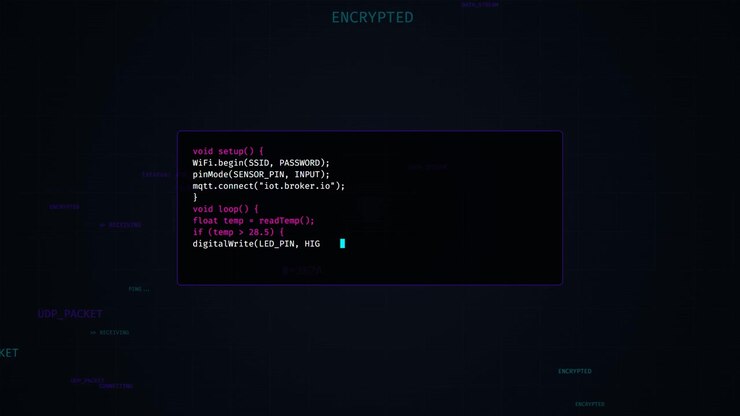 Programowanie kodu IoT dla czujnika temperatury na ciemnym tle