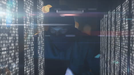 animation of man with a mask hacking computers