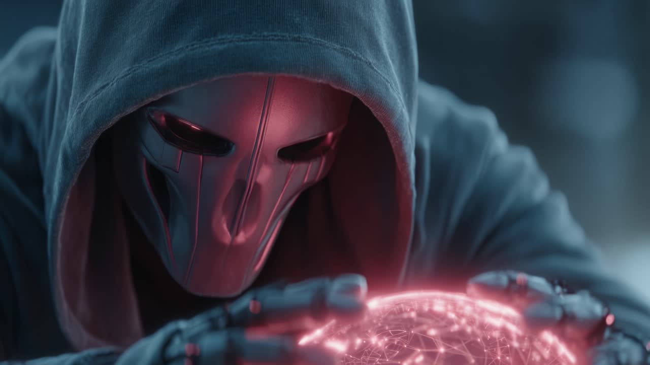 A cloaked figure with a mystical mask focuses intensely on a glowing orb, surrounded by intricate digital patterns that suggest a connection to otherworldly realms and technology
