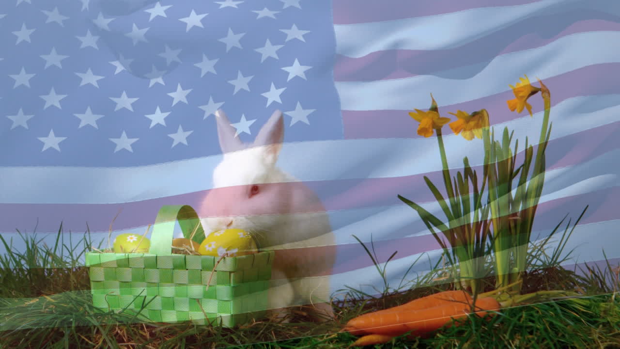 conejo de pascua y huevos en un jardín