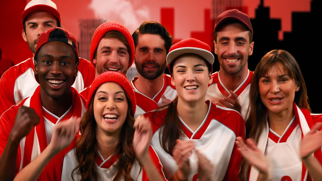 animación de un grupo diverso de aficionados al deporte animando el paisaje urbano sobre fondo rojo