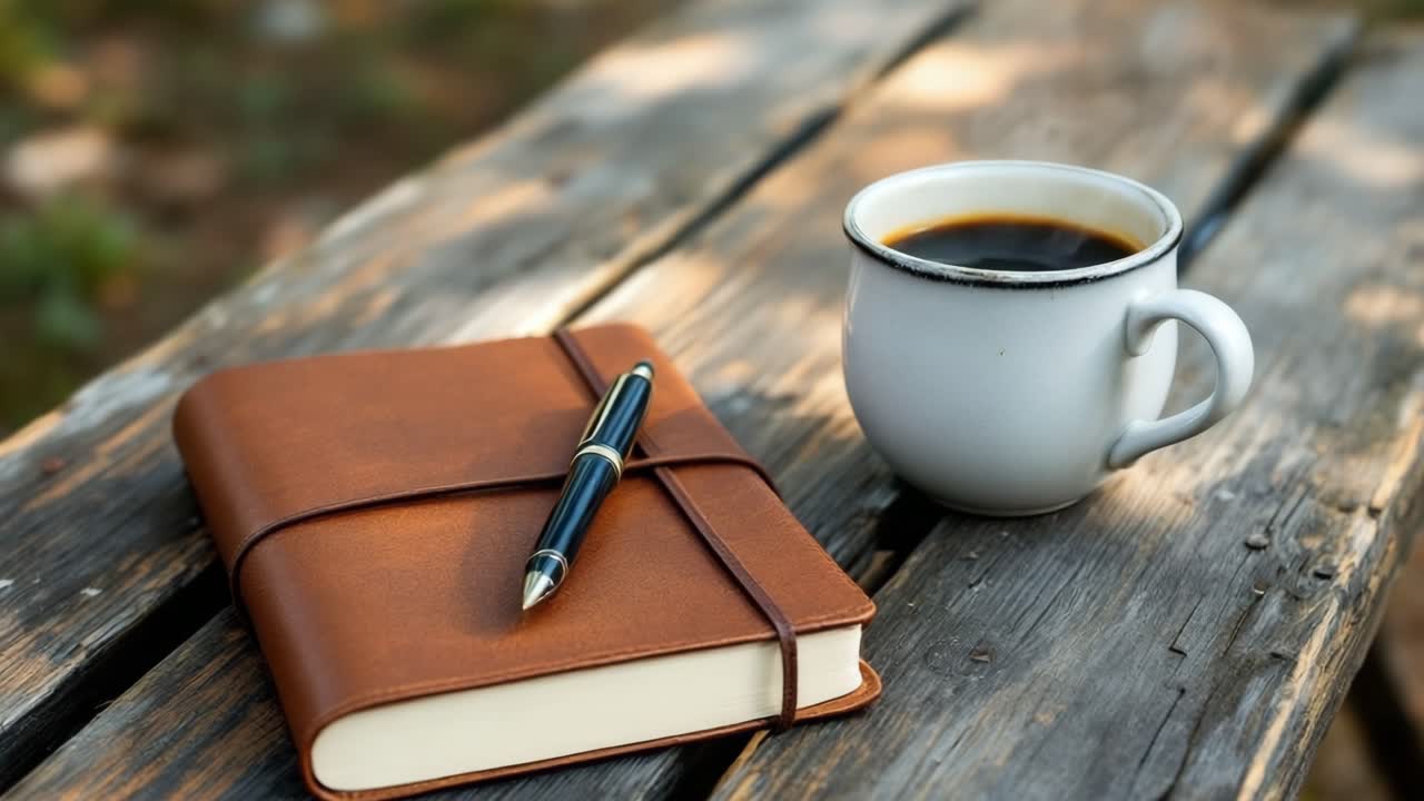 Caderno de couro marrom com uma caneta prateada está colocado ao lado de uma xícara de café branca em uma mesa de madeira rústica, cercado por vegetação natural, criando uma atmosfera aconchegante e convidativa para escrever.