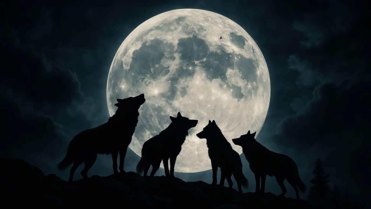 Silhouetted wolves howling at a full moon, captured from a low-angle in a dramatic, cinematic style