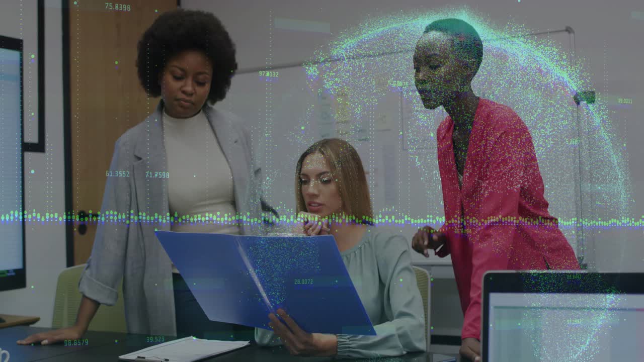 Businesswoman opening binder and viewing animated graphs floating over pages for project planning