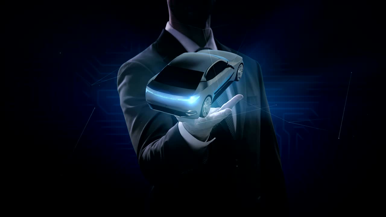 el hombre de negocios abre la palma, rotación electrónica, híbrido, batería de iones de litio eco coche. coche del futuro ecológico. película 4k.
