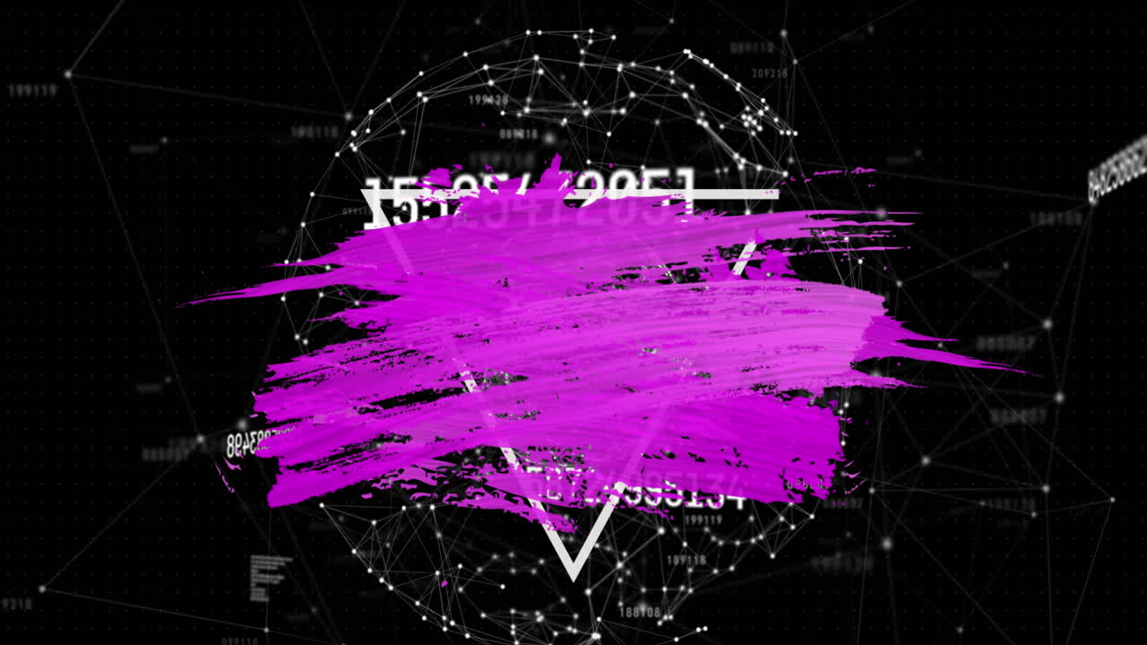 변화하는 숫자와 연결된 점들이 구를 형성하는 추상적인 패턴의 애니메이션