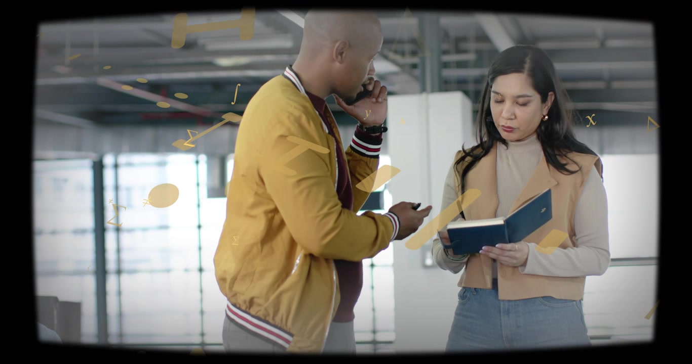 Man calling and pointing phone, woman marking notebook, yellow graphics sweeping, checking business