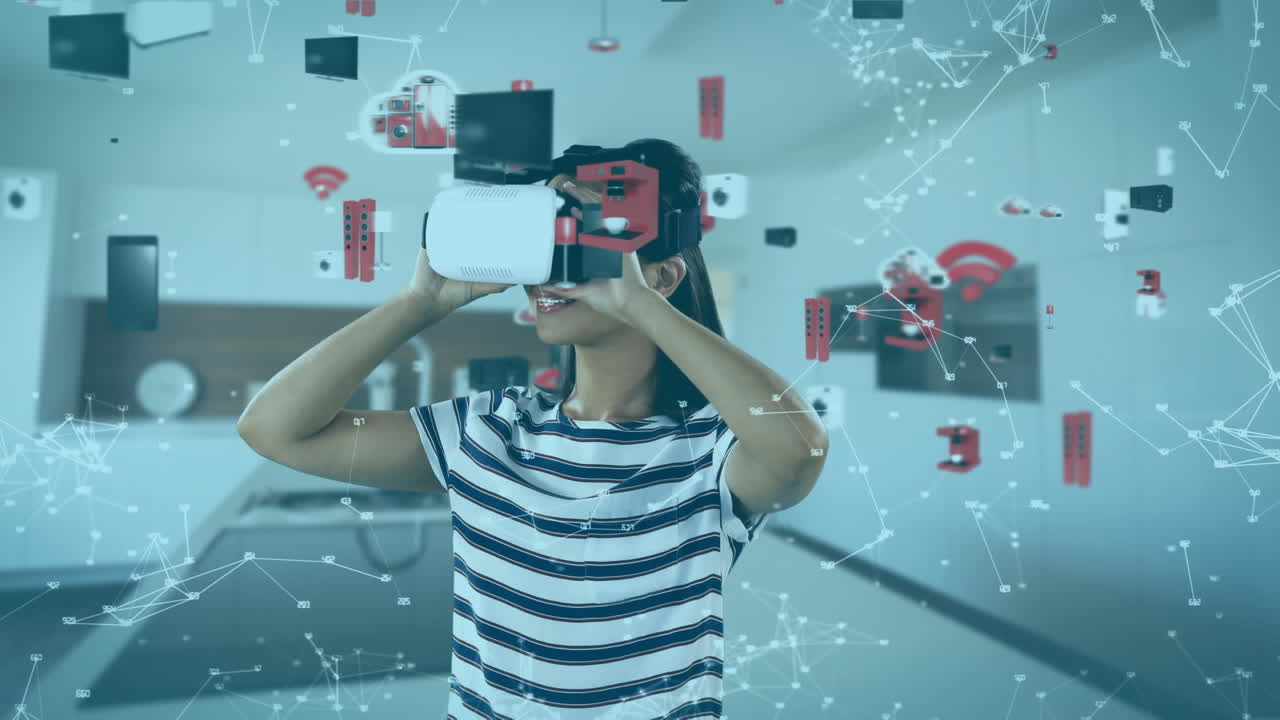 animación de una mujer biracial que usa auriculares vr a través de una red de conexiones