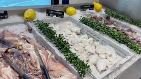 variety of seafood on ice at market