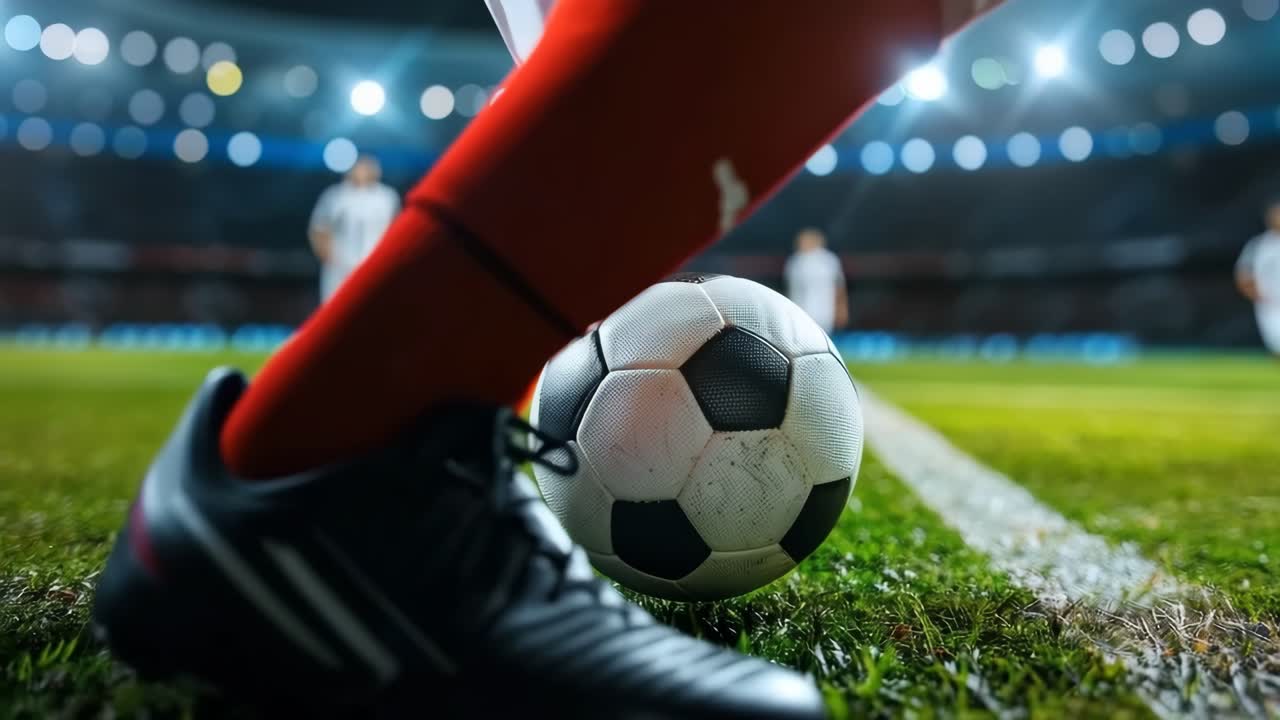 Stadyumda Yeşil Sahada Topa Vuran Futbolcu