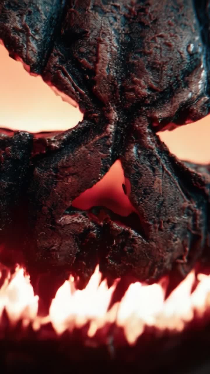 Un primo piano di un volto di zucca sinistro con fiamme accecanti che illuminano la sua texture inquietante e le caratteristiche minacciose in un'ambientazione scura e suggestiva.