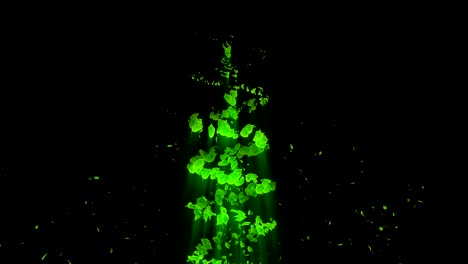 vortex from green leaves. spiral shiny particle of seasonal leaves. dancing leaf. colorful nature tunnel loop animation.