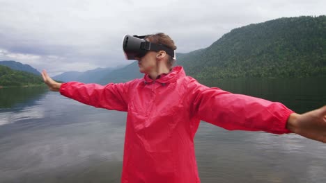 woman experiencing virtual reality by a lake