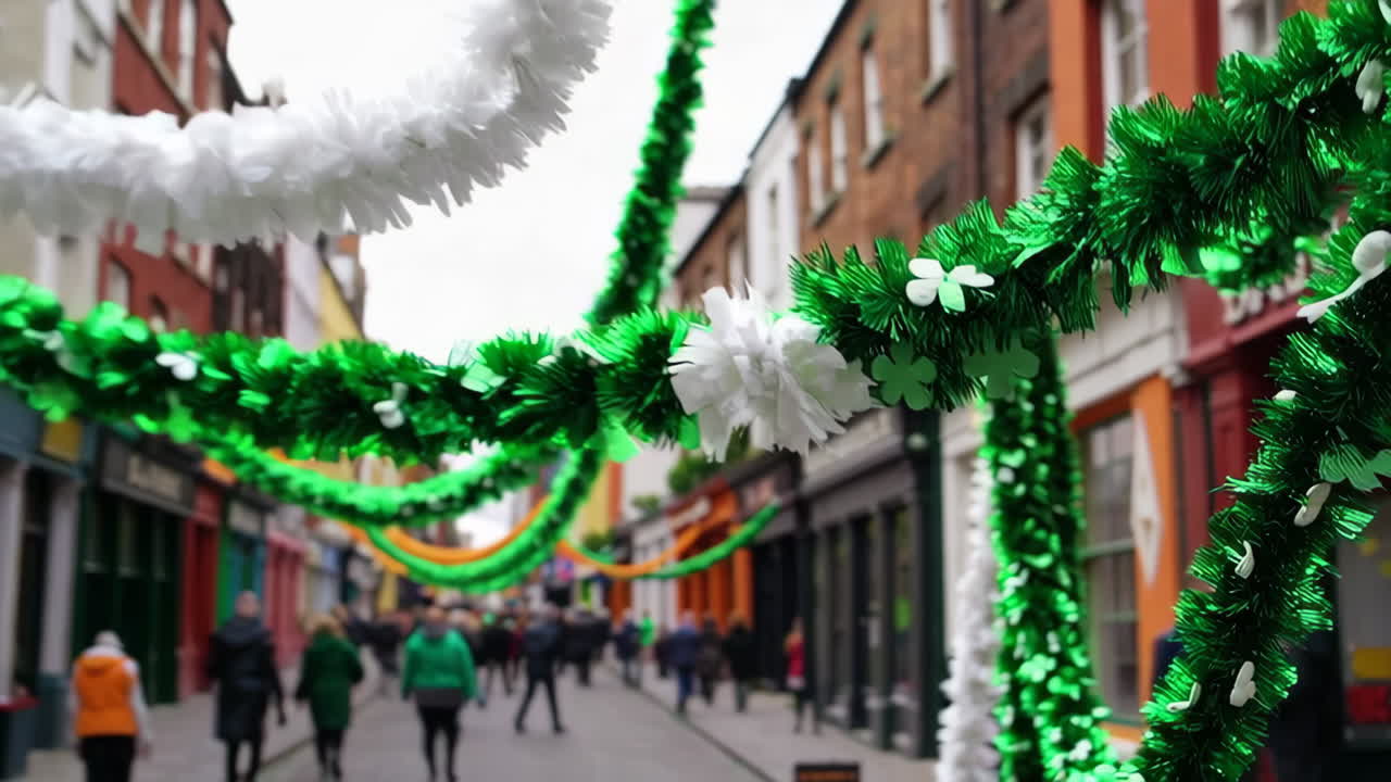 Vibrant St. Patrick's Day Street Decorations with Pedestrians